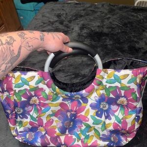 Floral Print Circle-Handle Tote Bag - Pink/Purple/Blue